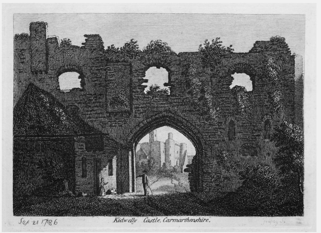 An image of the gate house dated 1786 This gatehouse was one of the three gates of the medieval borough of Kidwelly, the inn depicted still exists today known as The Gate House formally the Boot and Shoe.