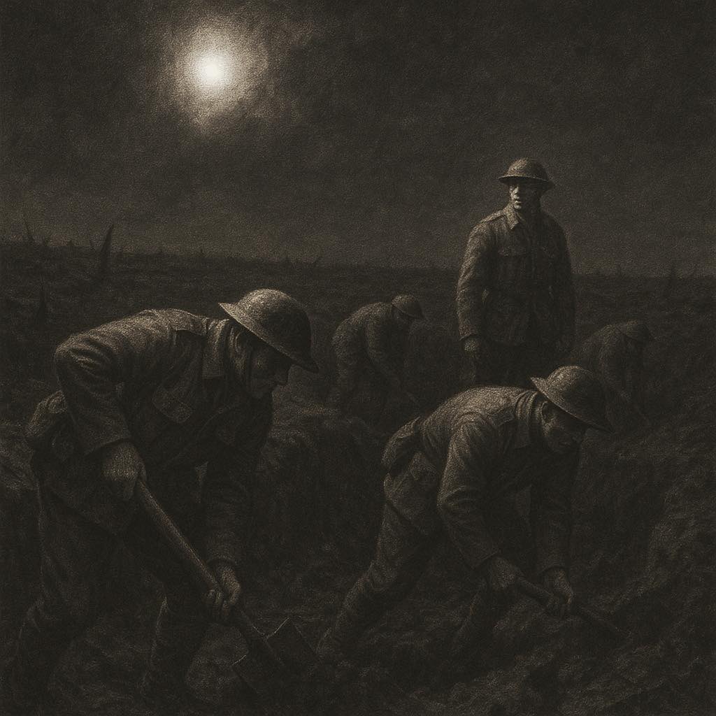 Soldiers in no mans land digging trenches during World War One