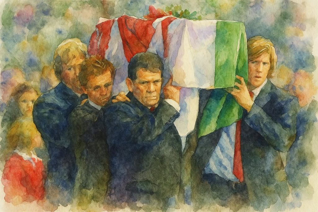 An image created of the coffin draped in a Welsh Flag of Raymond Gravell, Scarlets, Wales and British Lion, the bearers that day where Wales Coach Gareth Jenkins, Scarlets Capt. Simon Easterby, (Scarlets Capt.), Players Dwayne Peel, Stephen Jones, from team mates Derek Quinell and Delme Thomas
