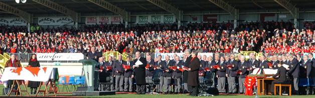 The funeral of Raymond Gravell, Welsh and British Lion International Rugby player's who passed away on October 31st 2007 his funeral was at Stradey Park Rugby Ground, Llanelli on the 15th November 2007 the crowd attendance was estimated at 10000 people. a testimant to "Gravs" standing in the community.