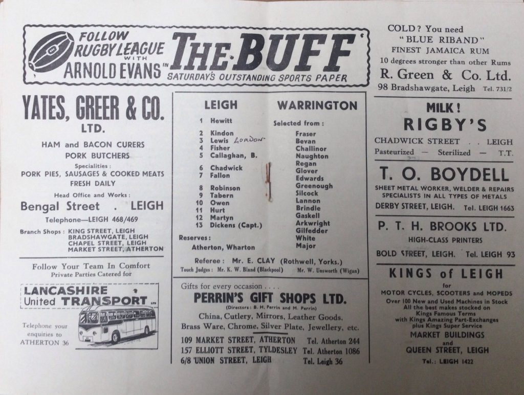 Program From Leigh v Warrington featuring Gordon Lewis, March 7th 1959