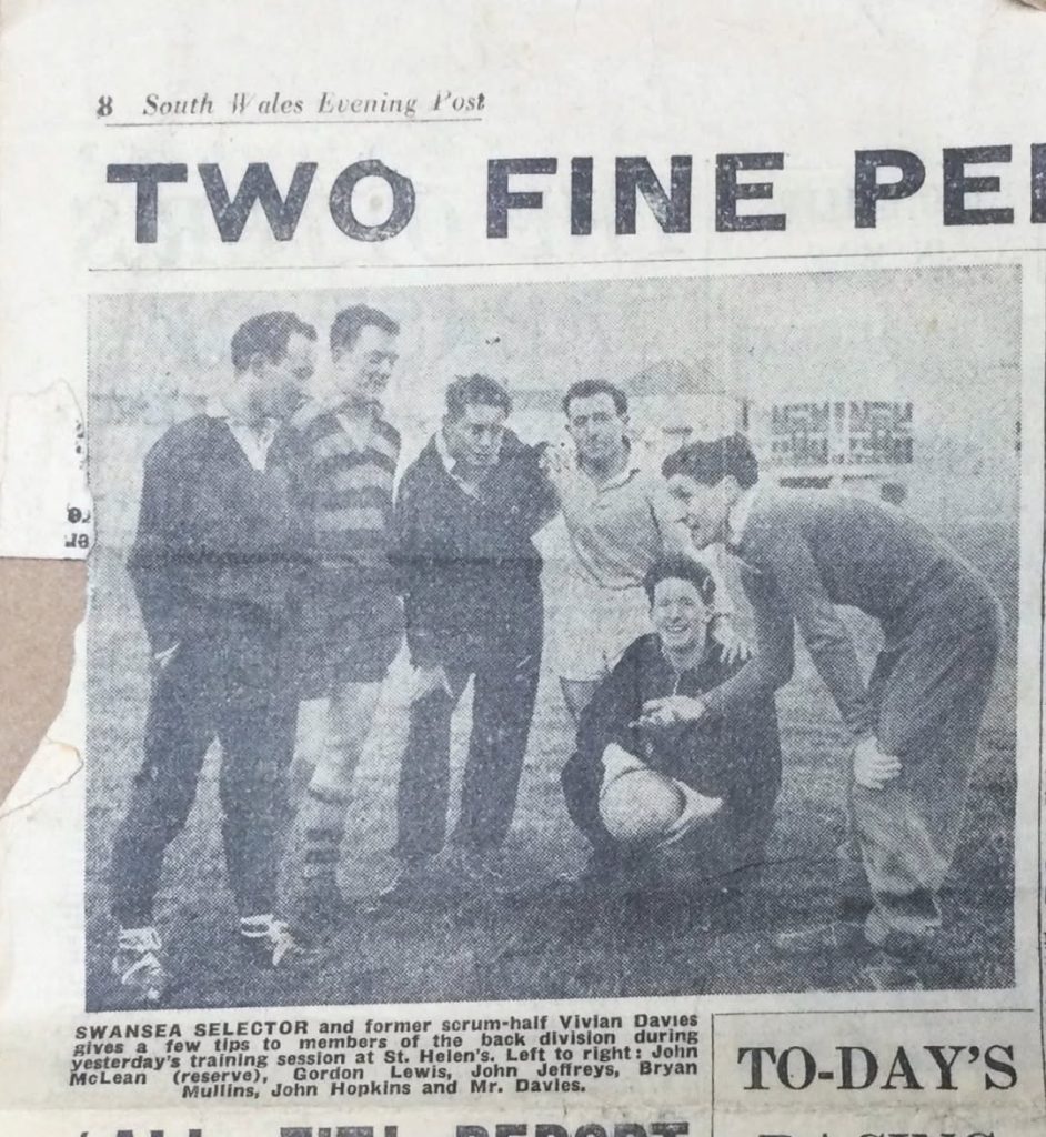 Newspaper clipping of Gordon Lewis at Swansea RFC, during Training.