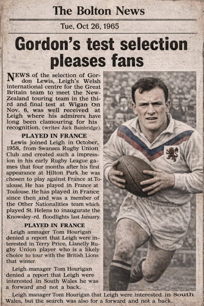 Gordon Lewi's news report on his selection for Great Britain Rugby League Team October 26th 1965,