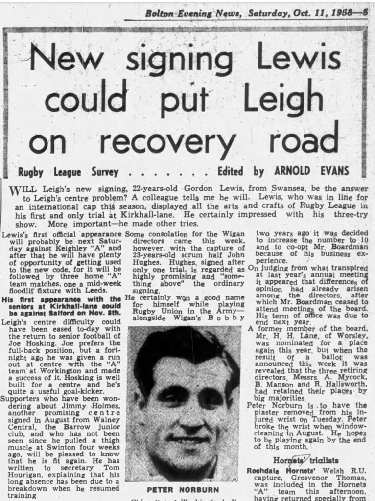 Gordon Lewis's Newspaper report on his signing for Leigh Rugby League team, October 11th 1958