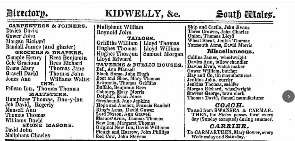 Pigots Business Directory 1835 of Kidwelly