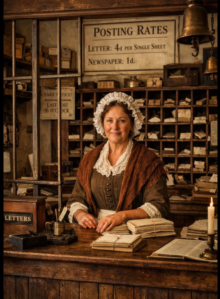 An early 18th century post mistress at the post office counter
