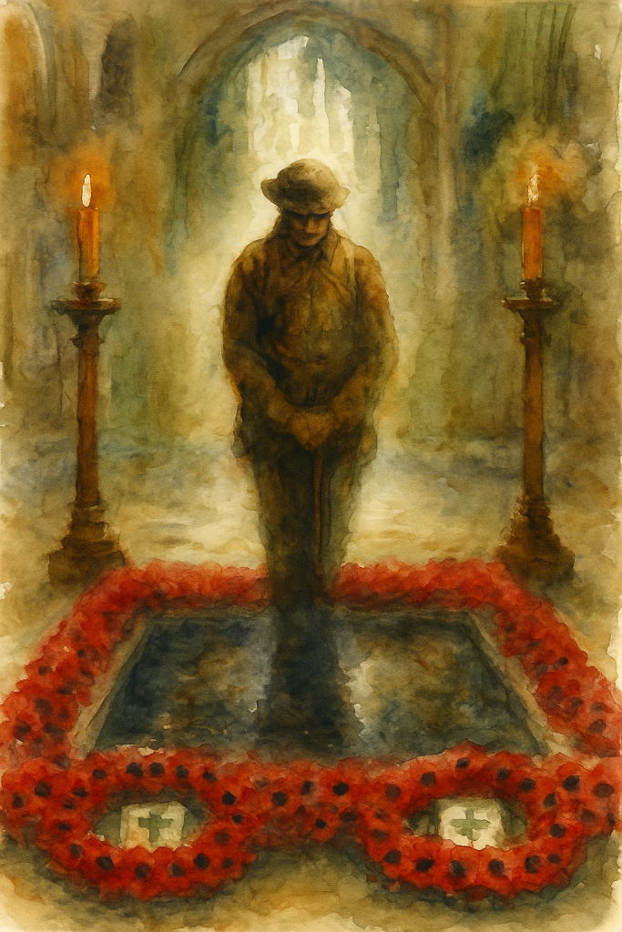 a painting of a soldier bowing in remembrance over the grave of the unknown soldier at Westminster Abbey