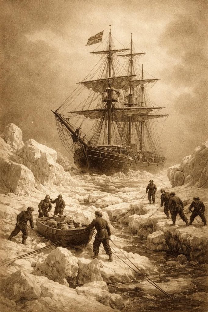 One of the ships of the Franklin Expedition stuck fast in the arctic ice