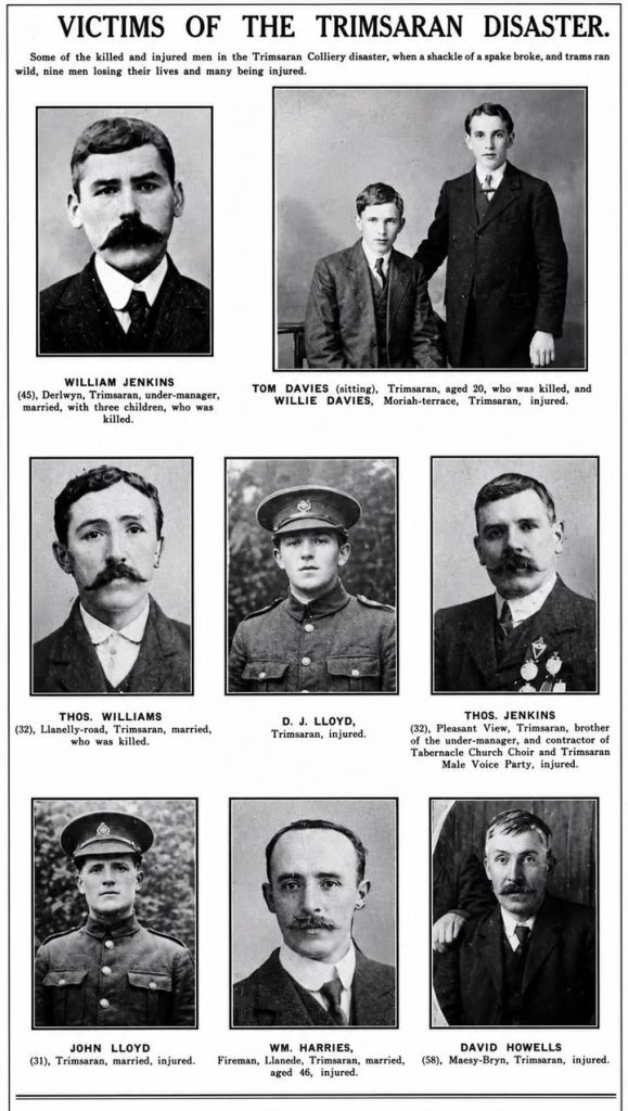 Newspaper cutting of some of the miners killed or injured at the at the Trimsaran mining disaster