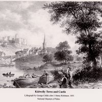 J Henry Robinson A view westwards along the Gwendraeth Fach River with St mary's Church, the Town Bridge and Kidwelly Castle in picture
