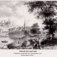 J Henry Robinson A view westwards along the Gwendraeth Fach River with St mary's Church, the Town Bridge and Kidwelly Castle in picture