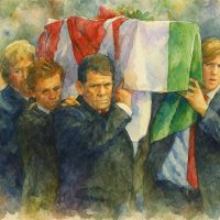 Fairwell Grav An image created of the coffin draped in a Welsh Flag of Raymond Gravell, Scarlets, Wales and British Lion, the bearers that day where Wales Coach Gareth Jenkins, Scarlets Capt. Simon Easterby, (Scarlets Capt.), Players Dwayne Peel, Stephen Jones, from team mates Derek Quinell and Delme Thomas